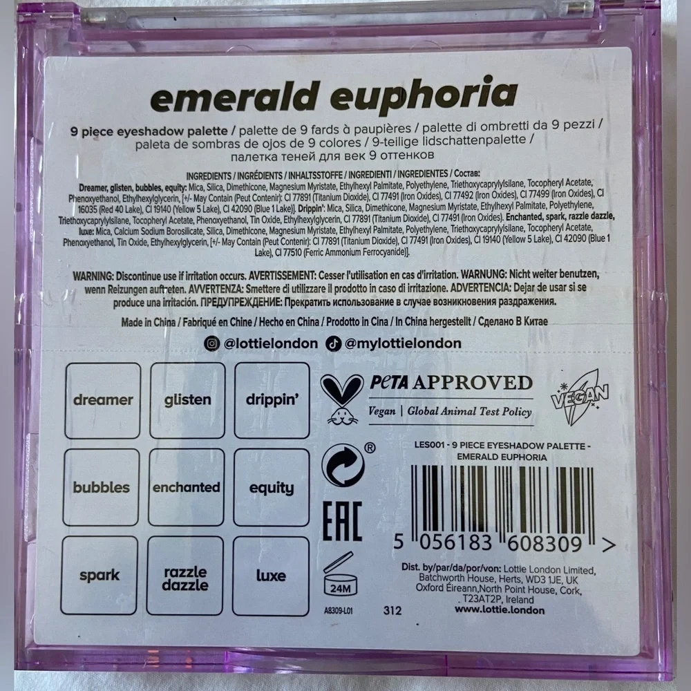 TWO Lottie London Eyeshadow Palettes Available- Both Emerald Euphoria W/9 Shades